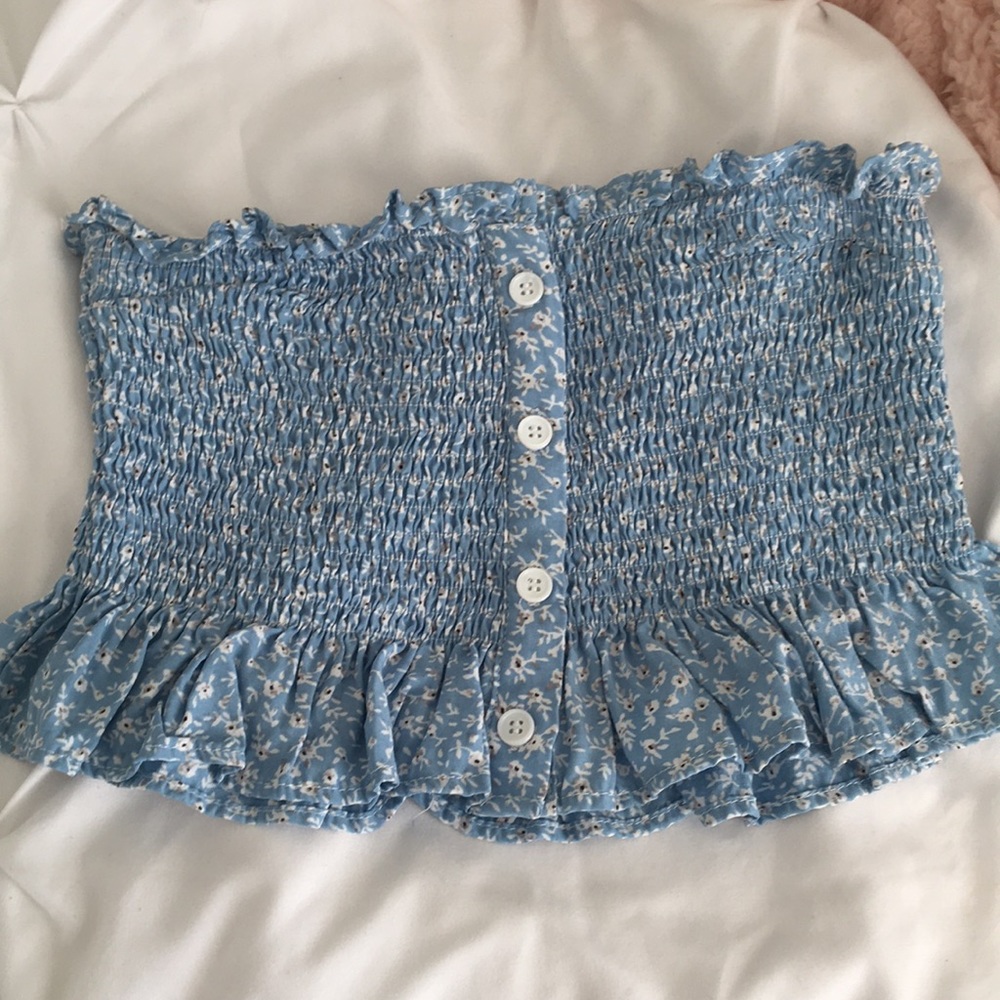 White and baby blue floral tube top button up
